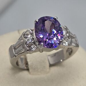 Amethyst Purple & White Crystal CZ Solitaire Ring Silver Rhodium Size 7.5 NWOT